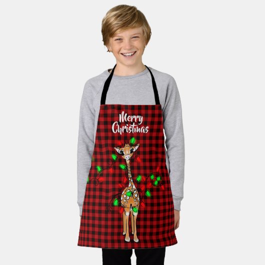 Tablier Giraffe Festive, lumière scintillante, plaid rouge (Porté)