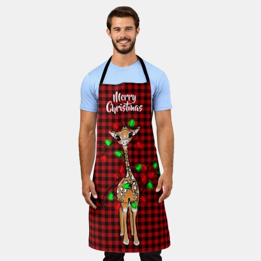Tablier Giraffe Festive, lumière scintillante, plaid rouge (Porté)