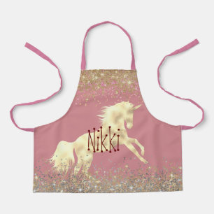 Tablier Glittery Gold Unicorne sur rose Personnalisé