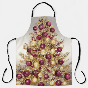 Tablier Gold Burgundy Christmas Tree Holiday Apron