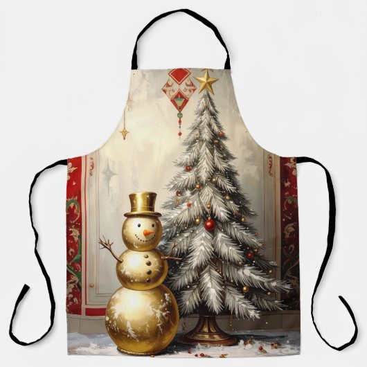 Tablier Gold Snowman Christmas Tree Holiday Apron (Recto)