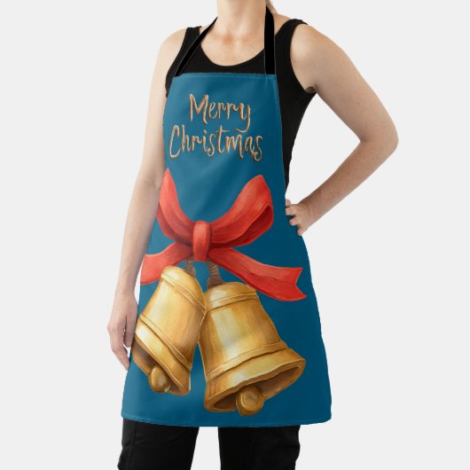 Tablier Golden Christmas Bells Blue Holiday Apron (Insitu)