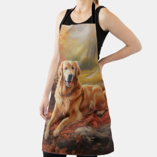 Tablier Golden Retriever dans les feuilles d'automne qui t