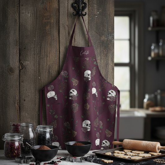 Tablier Gothic Burgundy Floral Skulls