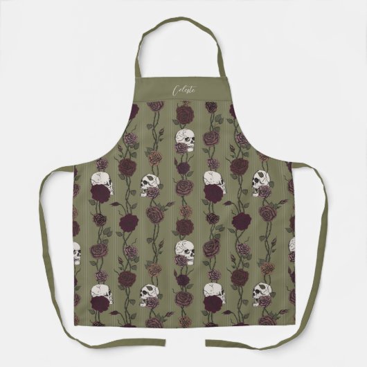 Tablier Gothic Olive Green Floral Skulls (Recto)
