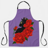Tablier Gothique Chat Noir Roses Rouges Violet (Recto)