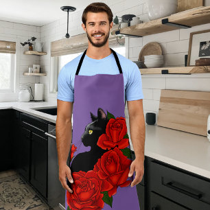 Tablier Gothique Chat Noir Roses Rouges Violet