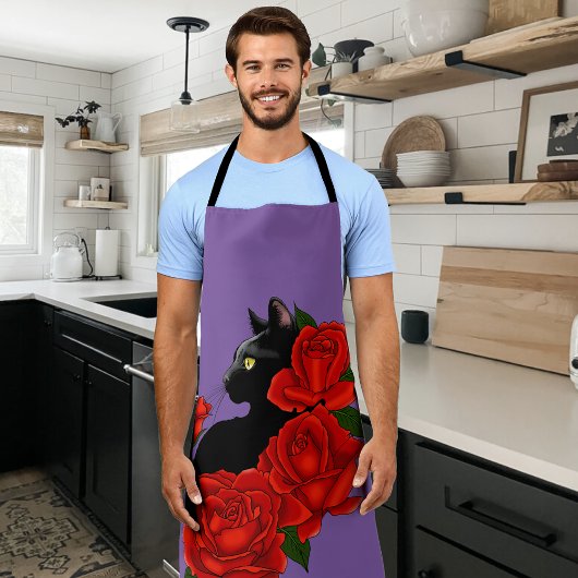 Tablier Gothique Chat Noir Roses Rouges Violet