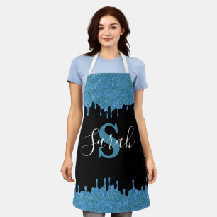 Tablier Gouttes de paillettes bleu sarcelle et noir Monogr