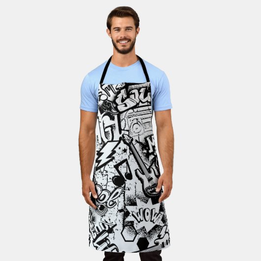 Tablier Graffiti Abstrait en noir et blanc  (Porté)