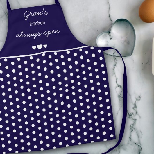 Tablier Gran's Kitchen Always Open Navy Blue And White Dot