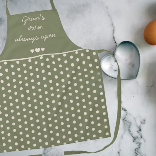 Tablier Gran's Kitchen Always Open Olive Green Polka Dot