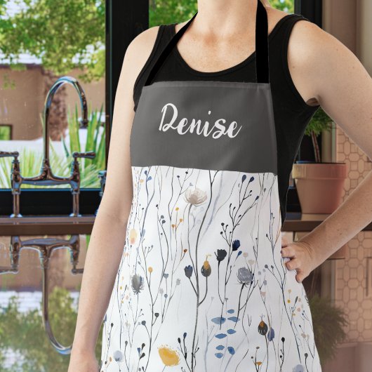 Tablier Gray Blue Watercolor Wildflower Custom Name Apron