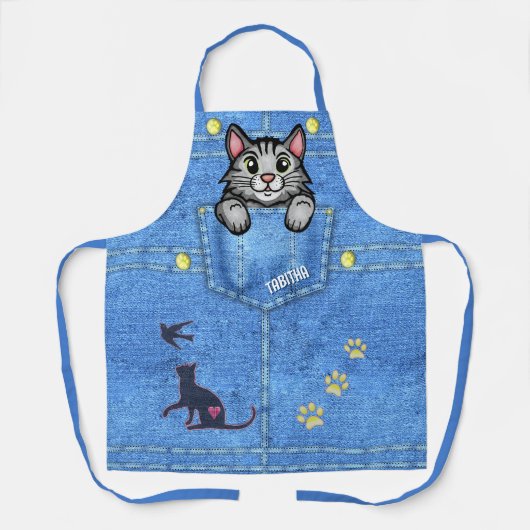 Tablier Gray Cat in Faux Denim Pocket with Custom Name (Recto)