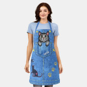 Tablier Gray Cat in Faux Denim Pocket with Custom Name (Porté)