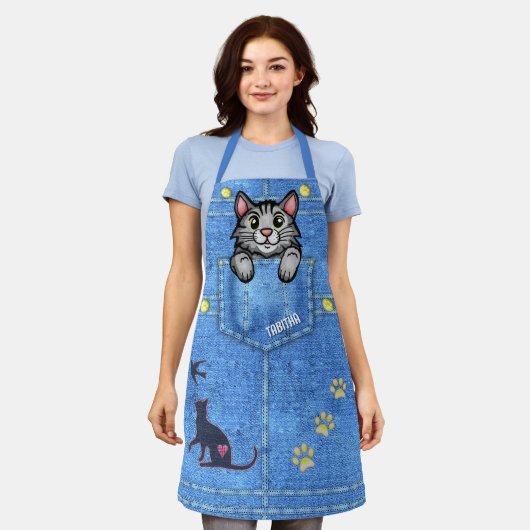 Tablier Gray Cat in Faux Denim Pocket with Custom Name (Porté)