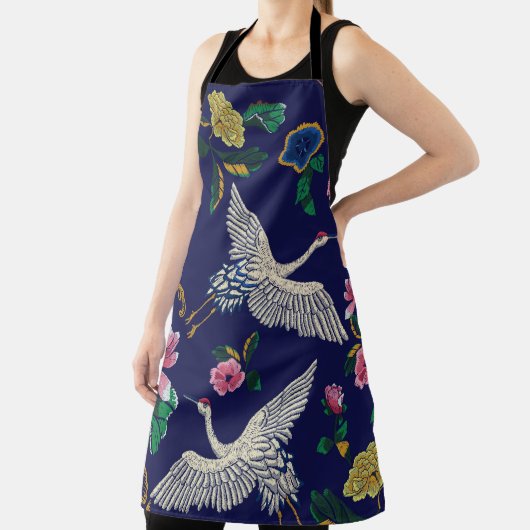 Tablier Grues japonaises, vagues et fleurs. Broderie (Insitu)