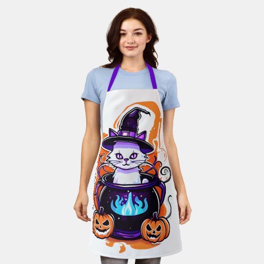Tablier Halloween Cat Apron - Witch Cauldron Design (Porté)