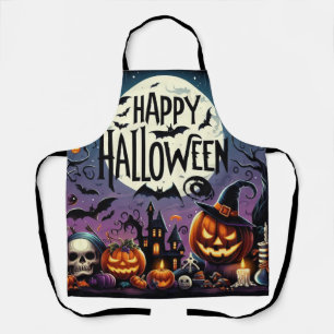 Tablier Halloween Citrouilles de nuit, crânes et maison ha