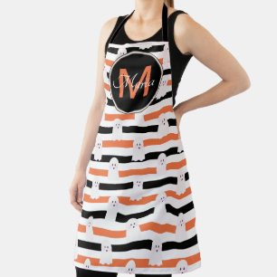 Tablier Halloween Cute Ghost Stripes Orange Black Monogram