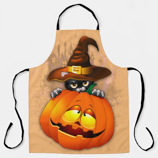 Tablier Halloween Cute Kitty Witch et ami Citrouille (Recto)