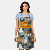Tablier Halloween gris avec Fantômes, Citrouilles et chauv (Porté)