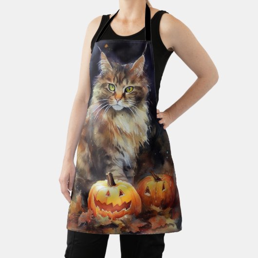Tablier Halloween Maine Coon Chat Avec Crainte Citrouille (Insitu)