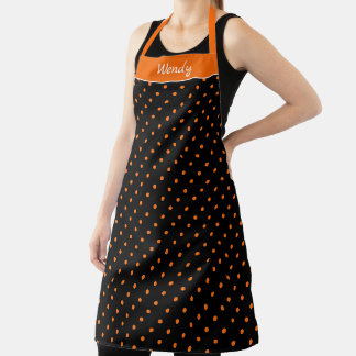 Tablier Halloween Orange et Noir à pois avec nom