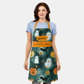 Tablier Halloween vert foncé avec Fantômes, Citrouilles, c (Porté)