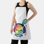 Tablier Happy Bunny avec écouteurs écoutant de la musique. (Insitu)
