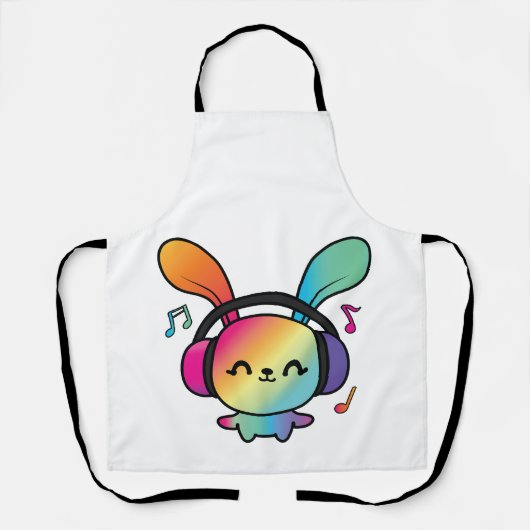 Tablier Happy Bunny avec écouteurs écoutant de la musique. (Recto)