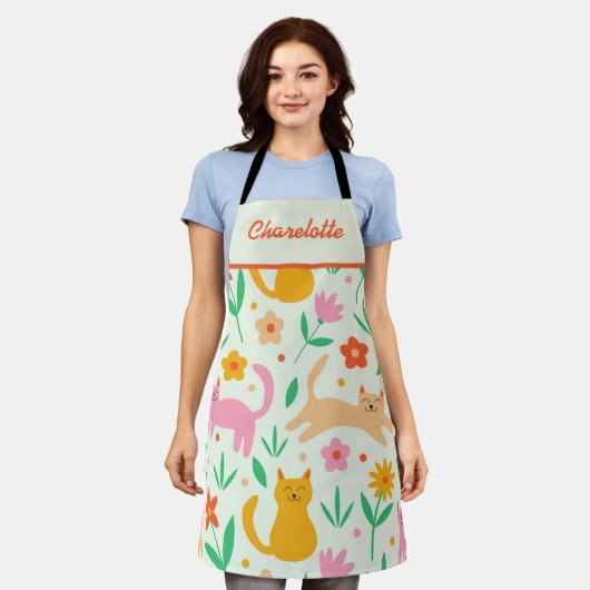 Tablier Happy Cats with Orange Red peach flowers name (Porté)