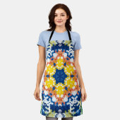 Tablier Hex Mandala bleu jaune orange et vert (Porté)