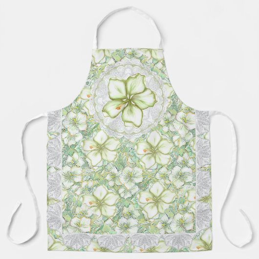 Tablier Hibiscus & dentelle BLANC (Recto)