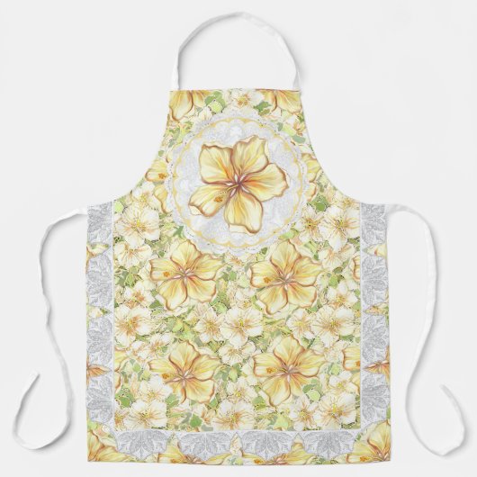 Tablier Hibiscus & dentelle JAUNE (Recto)