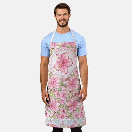 Tablier Hibiscus & dentelle PINK (Porté)