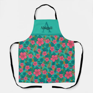 Tablier Hibiscus Tropical et Motif de Feuille de Palmier
