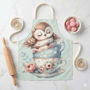 Tablier Hibou endormi dans des tasses à thé florales empil