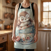 Tablier Hibou endormi dans des tasses à thé florales empil