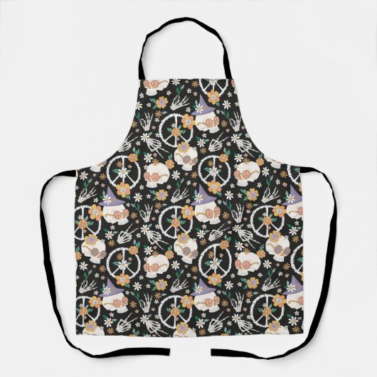 Tablier Hippie Halloween Skulls et Fleurs Motif (Recto)