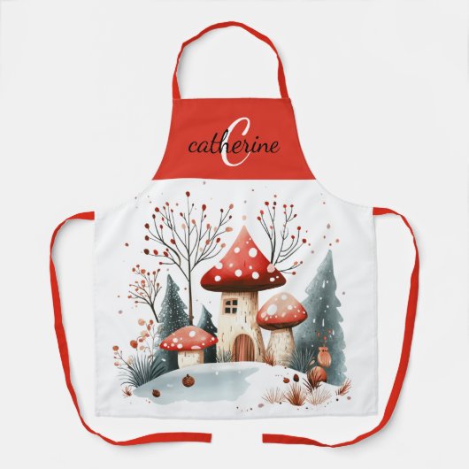 Tablier Hiver Bois Forêt Champignons Monogramme Nom (Recto)