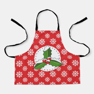 Tablier Holly Berry on Red White Snowflakes