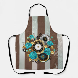 Tablier Horloge à vapeur et Roses turquoise sur le sol