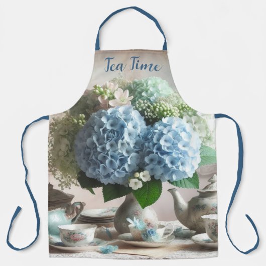 Tablier Hydrangea Floral Bleu de l'Heure du Thé (Recto)