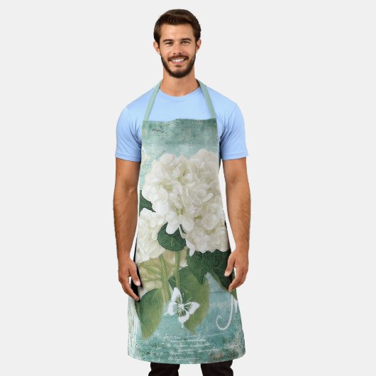 Tablier Hydrangée blanche en bleu (Porté)