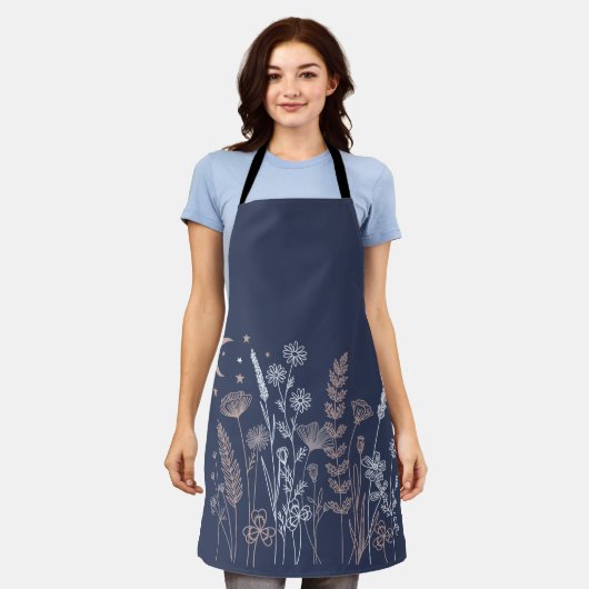 Tablier Illustration florale de ciel nocturne Boho – Lune, (Porté)