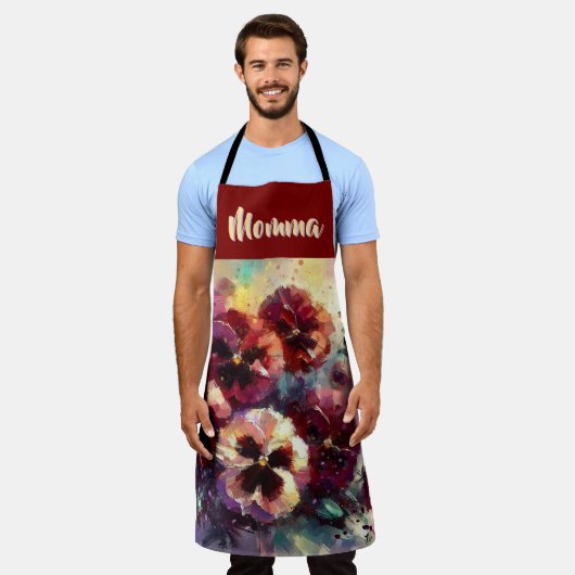 Tablier Impressionistic Maroon Pansies Floral Personalized (Porté)