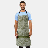 Tablier Imprimé vintage vert gris toile de jouy (Porté)