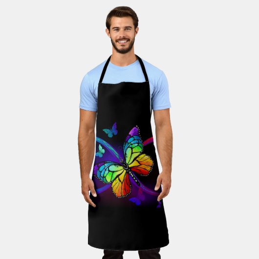 Tablier Infini vibrant avec papillon arc-en-ciel sur noir  (Porté)