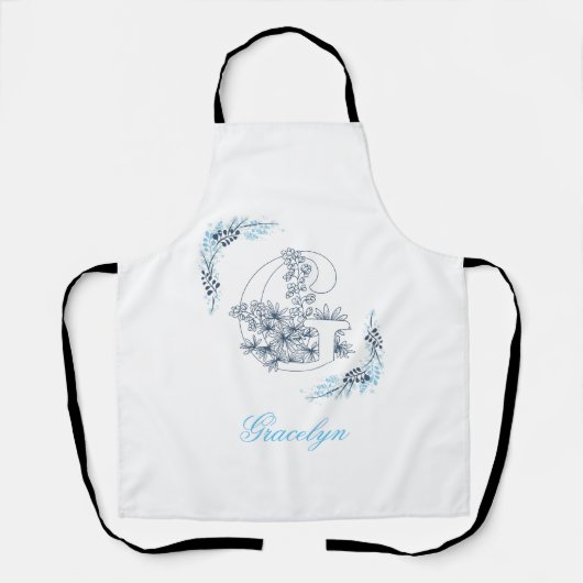 Tablier Initiale "G" Monogramme bleu Calme Floral (Recto)